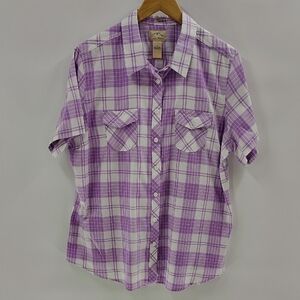 Blue Mountain Button Down Top Size XL Purple And White Plaid Check Short Sleeve